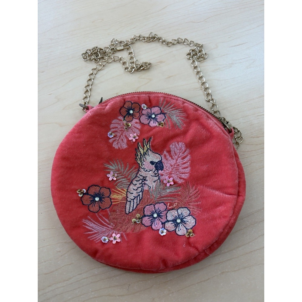 Powder Crossbody Bag Womens Small Coral Pink Velvet Embroidered Cockatoo Floral